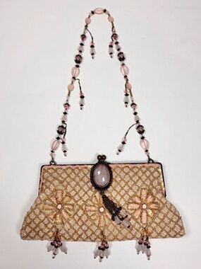 VTG Rare Todd Anthony New York Designer Beaded Evening Bag Rose Quartz Cabochon